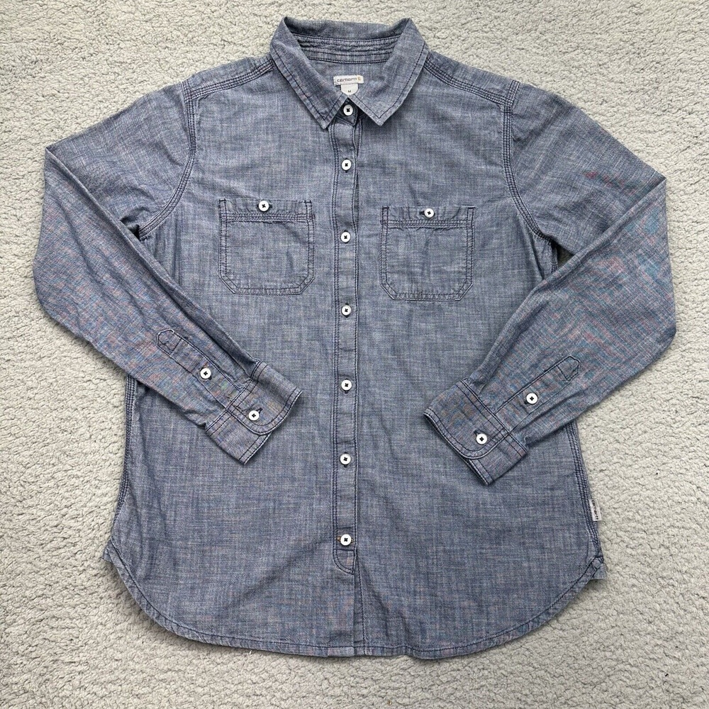 Carhartt Women's Medium 8/10 Milam Blue Relaxed Fit Button Down Shirt 102073-402